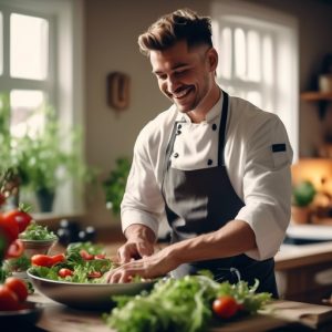 chef prépare une salade pour un chef à domicile